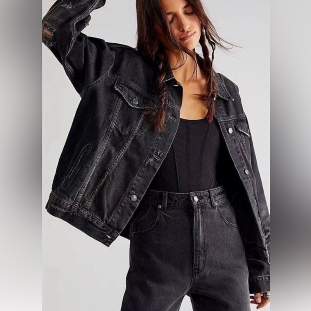 Free People Jolene Distressed Black Denim Jacket